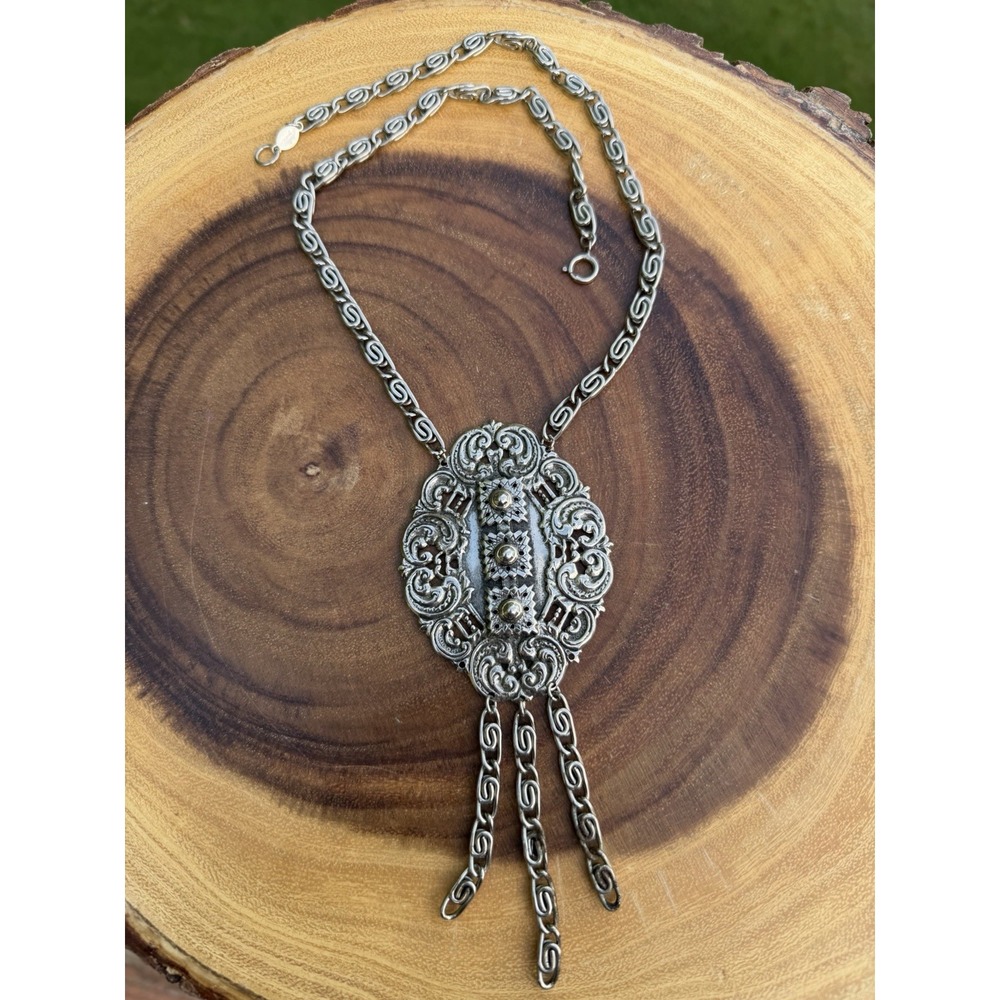 Vintage FREIRICH Victorian Revival Necklace Ornate Silver Tone Tassel 18"